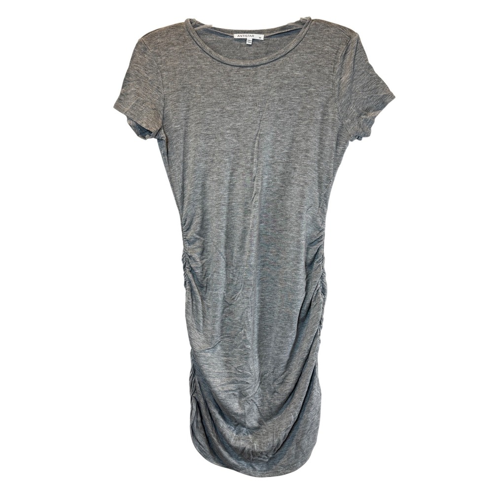 ANTISTAR Grey Ruched Mini T Shirt Dress Size Medium Beach Vacation Casual Chic‎